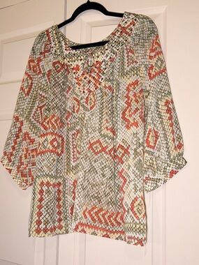 Alfred Dunner Olive, Coral & Cream Geo Print Tunic